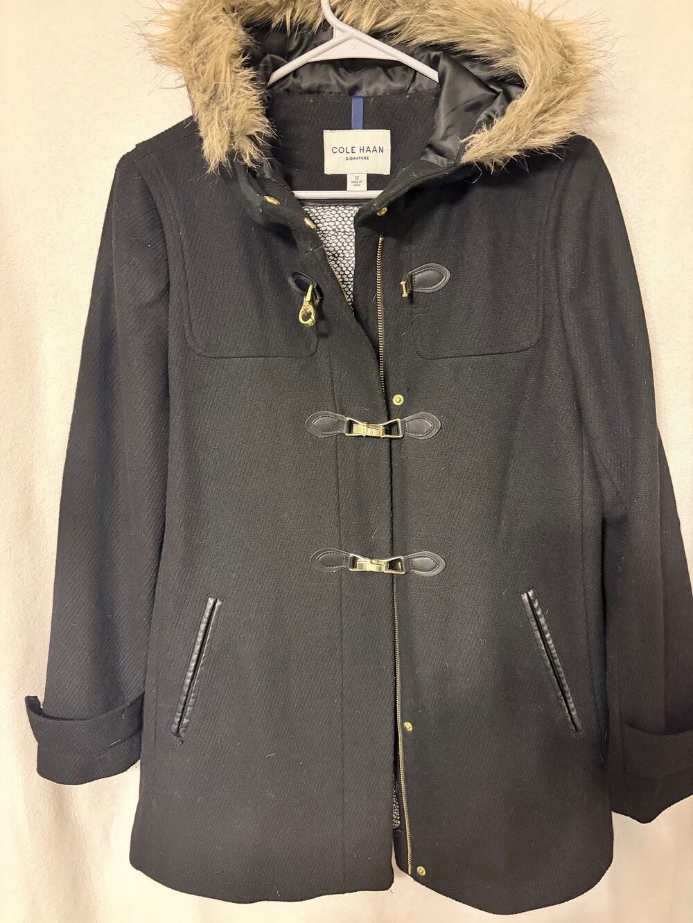Cole Haan Signature Black Wool Blend Hooded Duffle Coat Gold Toggles